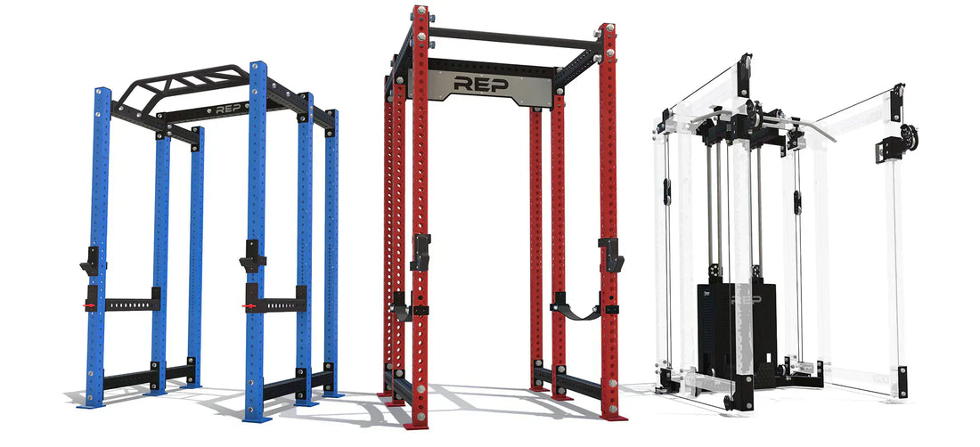 A view of three racks, side by side, from REP Fitness.