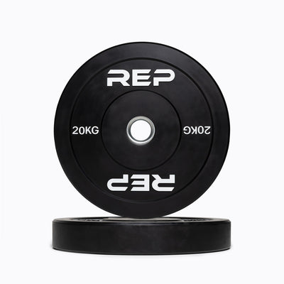 20kg Black bumper plate with 'REP' branding from Rep Fitness UK | Shop Premium Gym Equipment for Home & Commercial Use Online | Best Online Gym Equipment UK